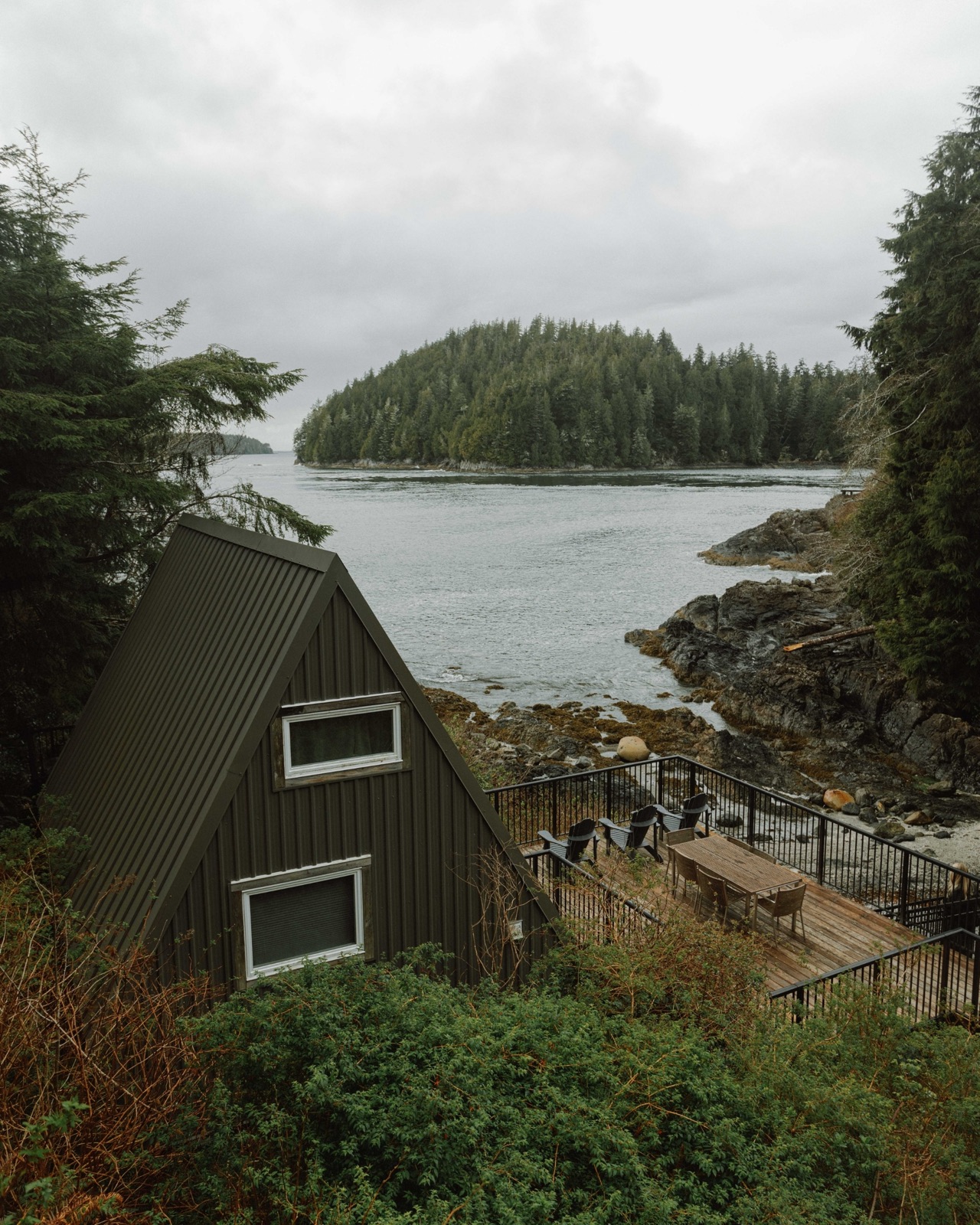 A-frame cabin overlooking the Pacific at Duffin Cove resort in Tofino, BC Canada