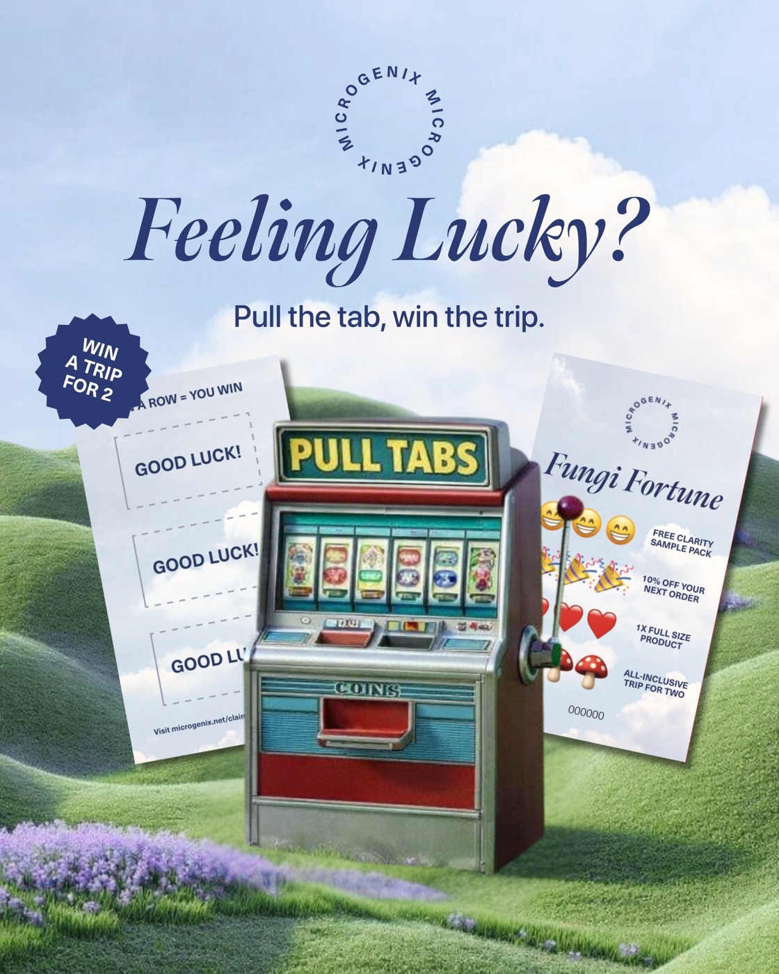 Microgenix Fungi Fortune pull tab promo with prize tickets and a Win A Trip For 2 badge